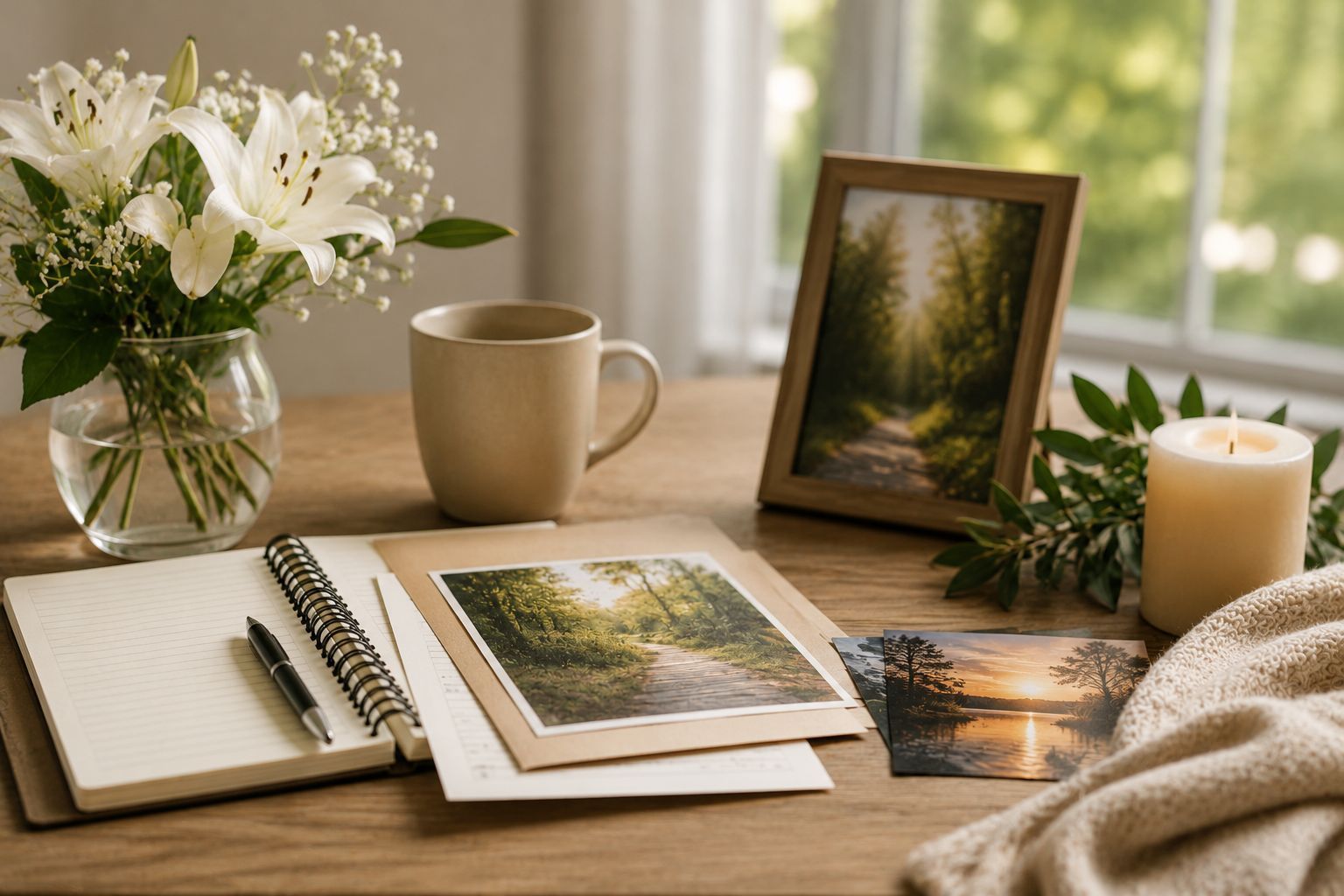 Thoughtful cremation planning keepsakes with flowers, photos, a journal, and candle for peaceful rem