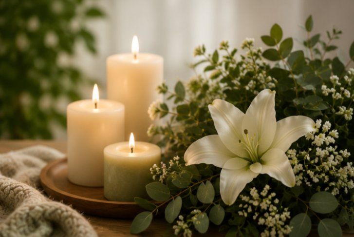 White lily arrangement with glowing memorial candles and greenery, creating a peaceful tribute