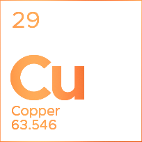 Copper element tile with orange symbol Cu, atomic number 29, and atomic weight 63.546