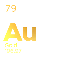 Periodic table tile for gold: yellow “Au,” atomic number 79, atomic mass 196.97.