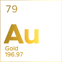 Periodic table tile for gold: yellow “Au,” atomic number 79, atomic mass 196.97.