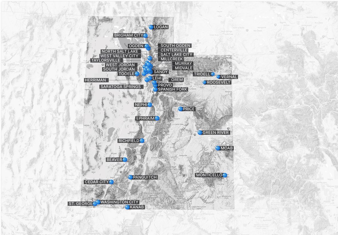Annotated map with blue route markers and labels on a light gray background
