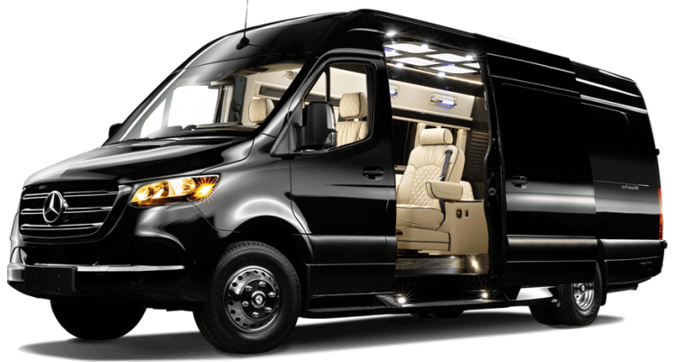 A black mercedes sprinter van with the door open on a white background.