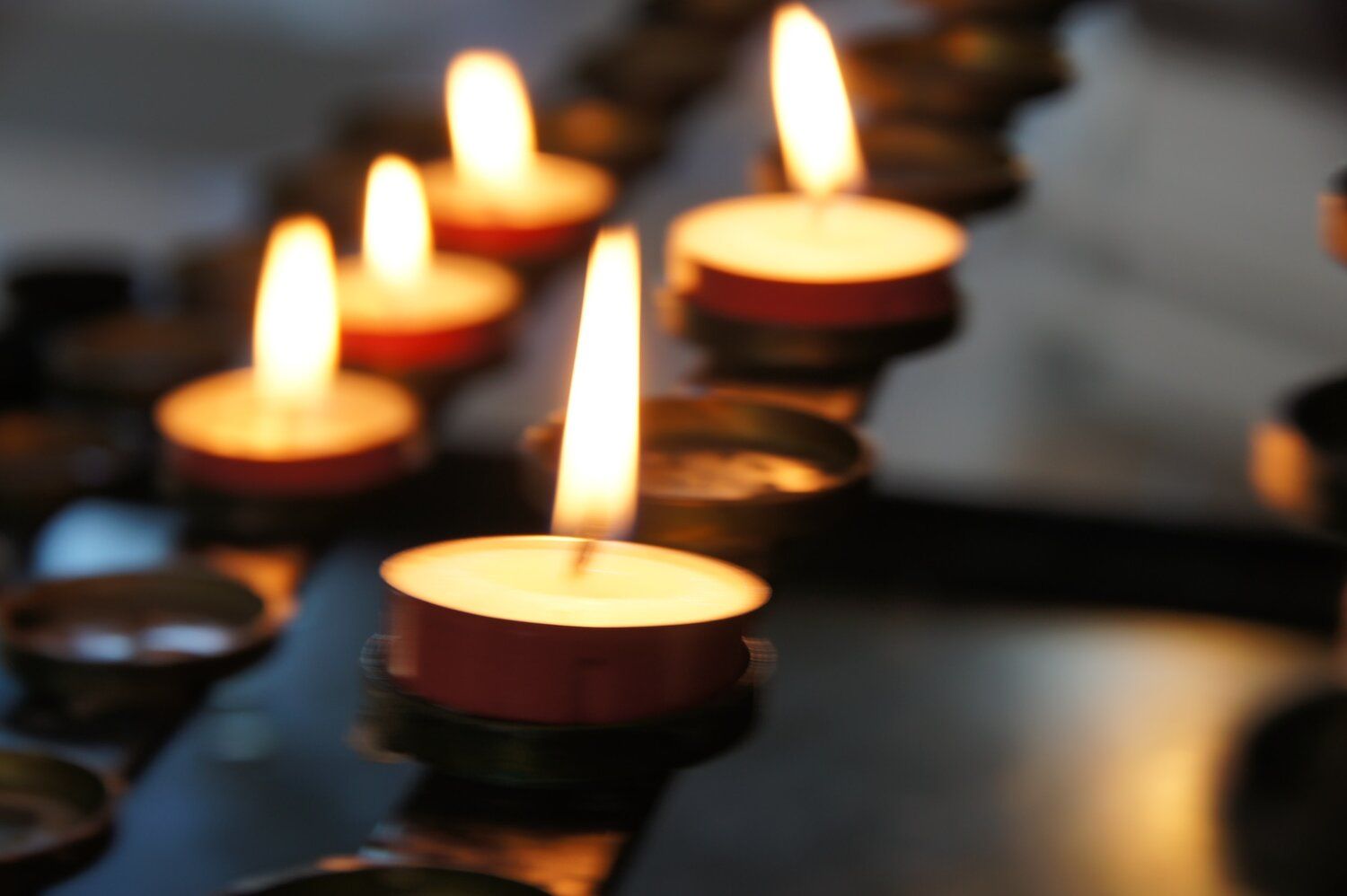 A row of lit candles are lined up on a table