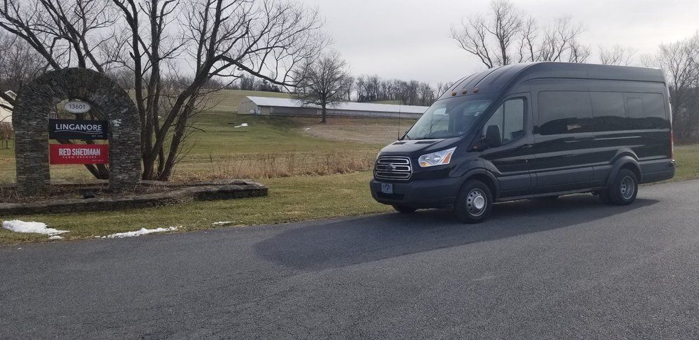 A black van is parked on the side of the road.