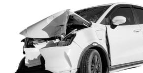 White SUV with severe front-end damage; hood crumpled, headlight broken. | Big n' Littles Auto Body
