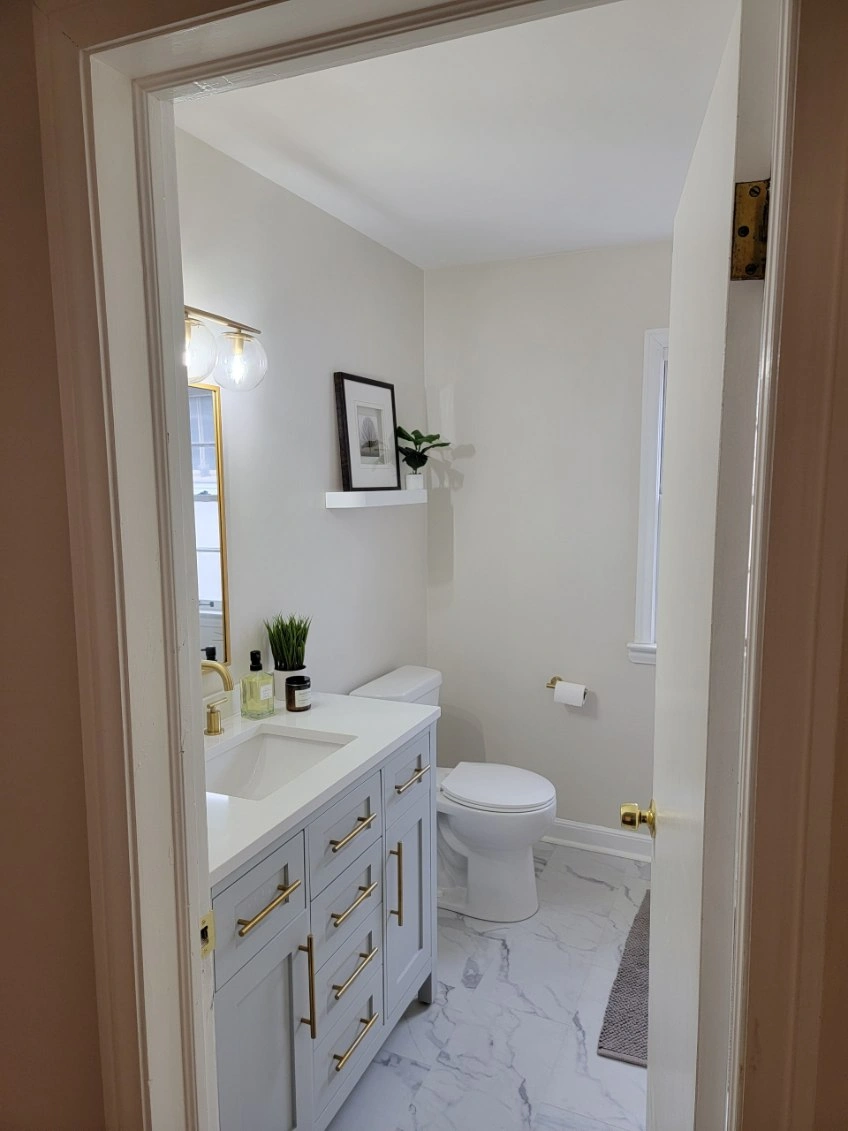 Small bright bathroom with a white vanity, toilet, shower curtain, and wall shelf.