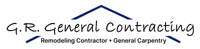 G.R. General Contracting logo with blue roofline and gray text: “Remodeling Contractor • General Carpentry”