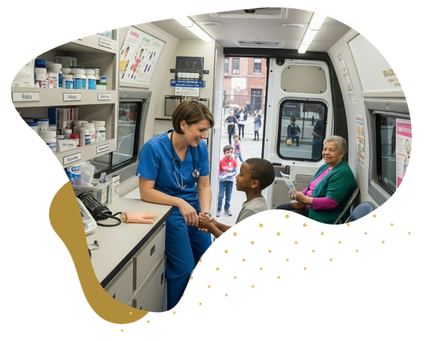 inside a mobile clinic with patients
