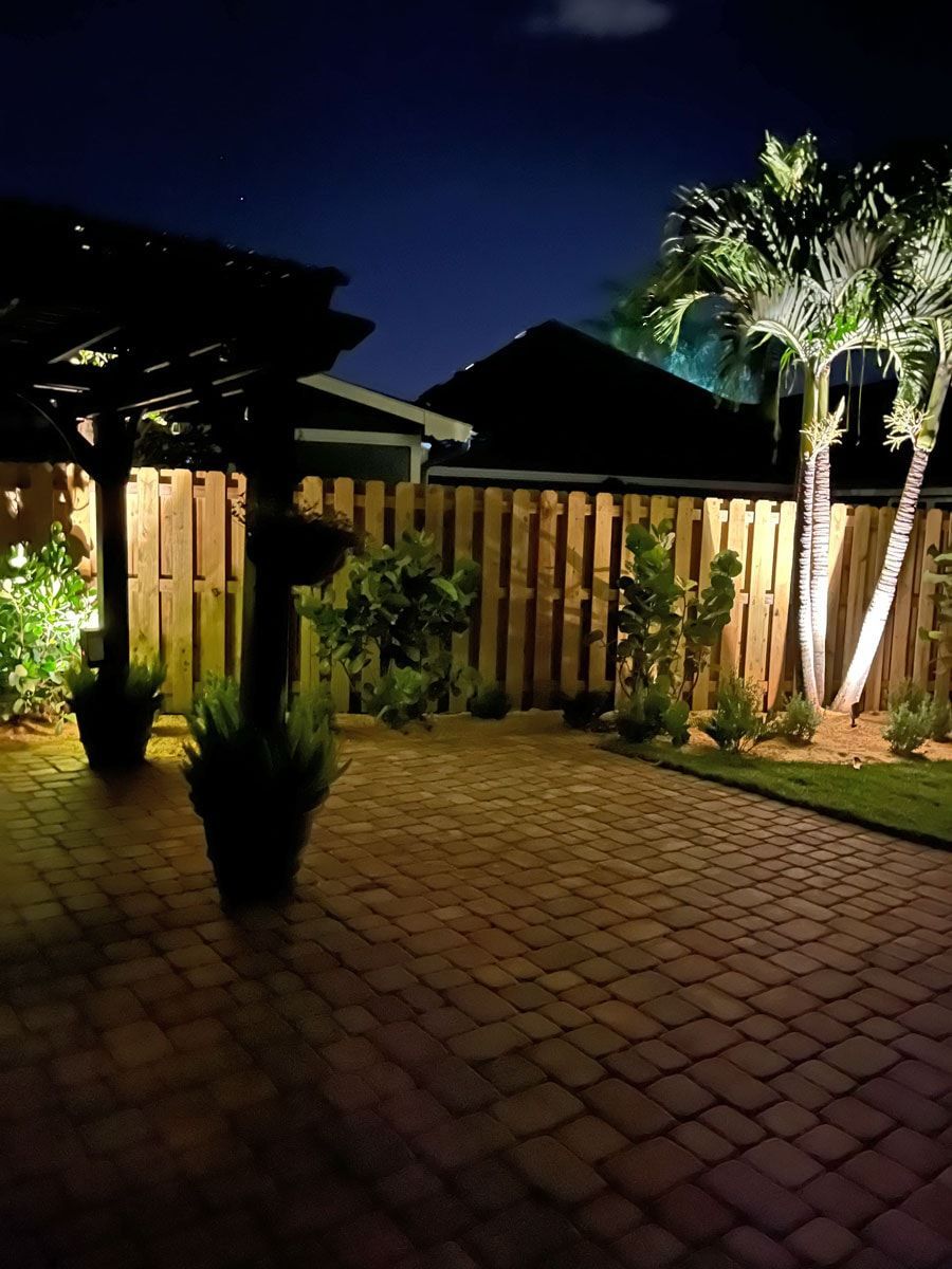A backyard with a wooden fence and palm trees at night.