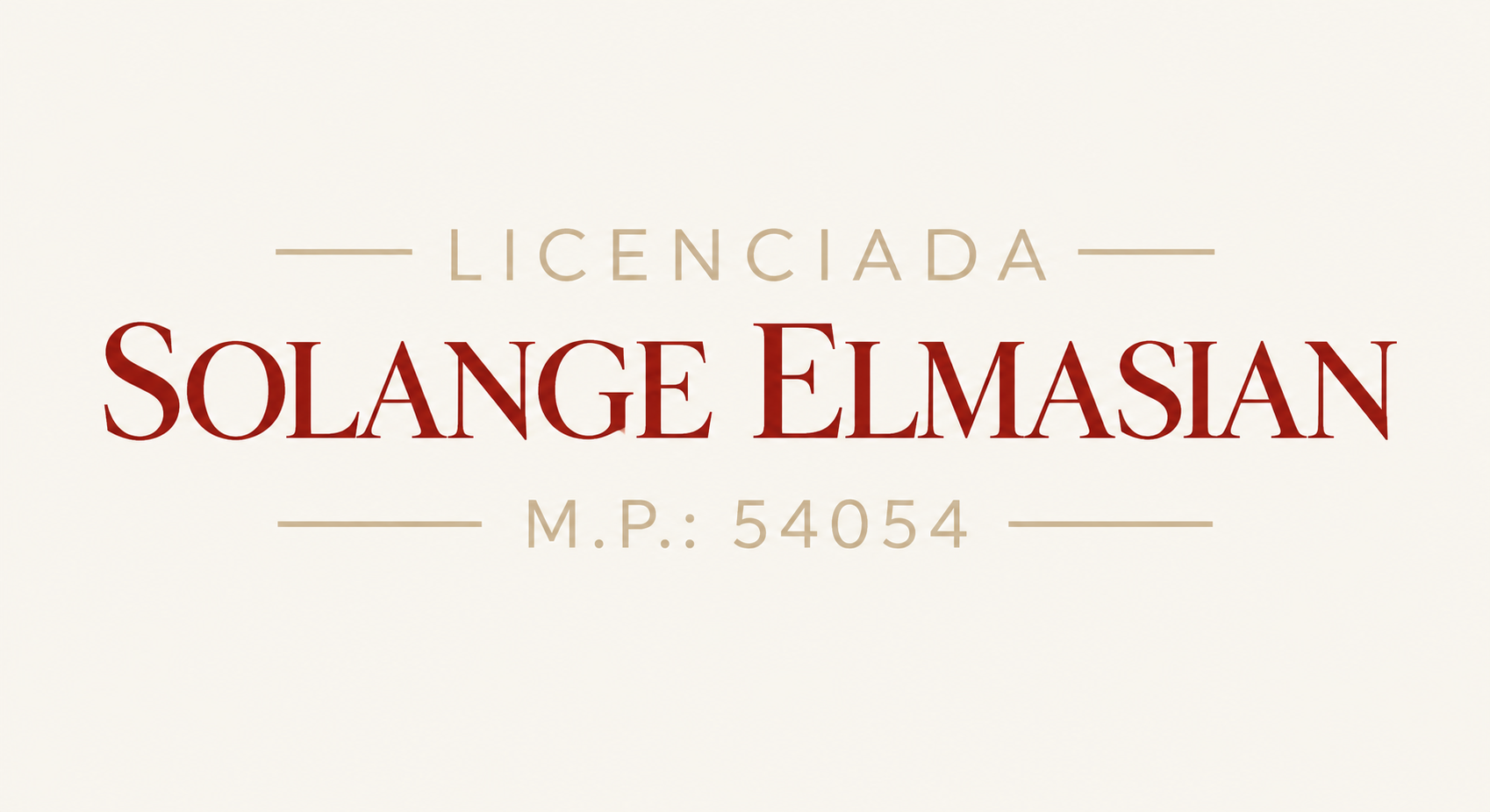 Logotipo para tarjeta profesional con el texto «Licenciada Solange Elmasian» y «M.P. 54054» en dorado y rojo sobre un fondo color crema