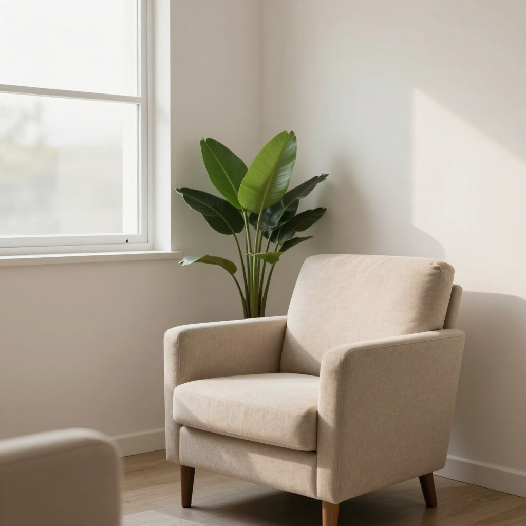 Sillón beige junto a una ventana con una planta en una maceta en una habitación luminosa y minimalista