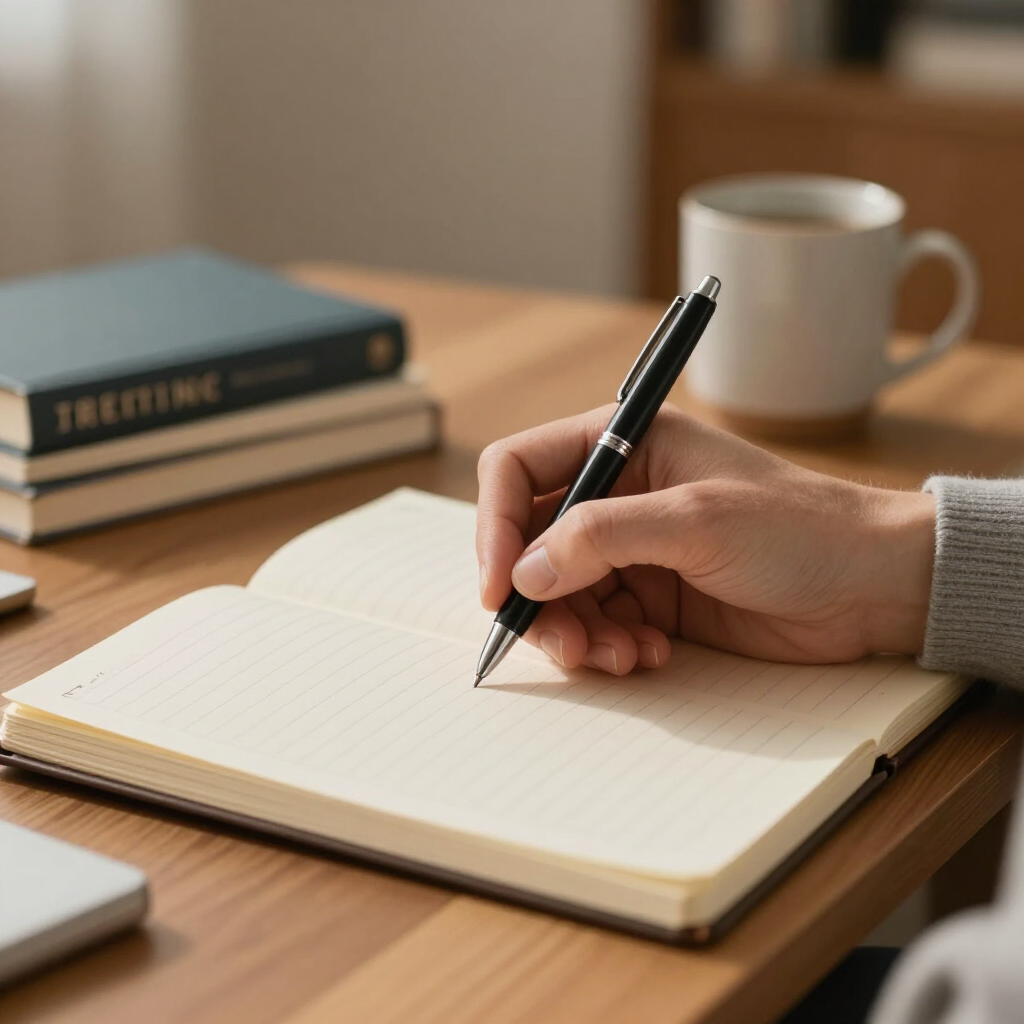 Escribiendo a mano en un cuaderno sobre un escritorio de madera, con libros y una taza de café cerca