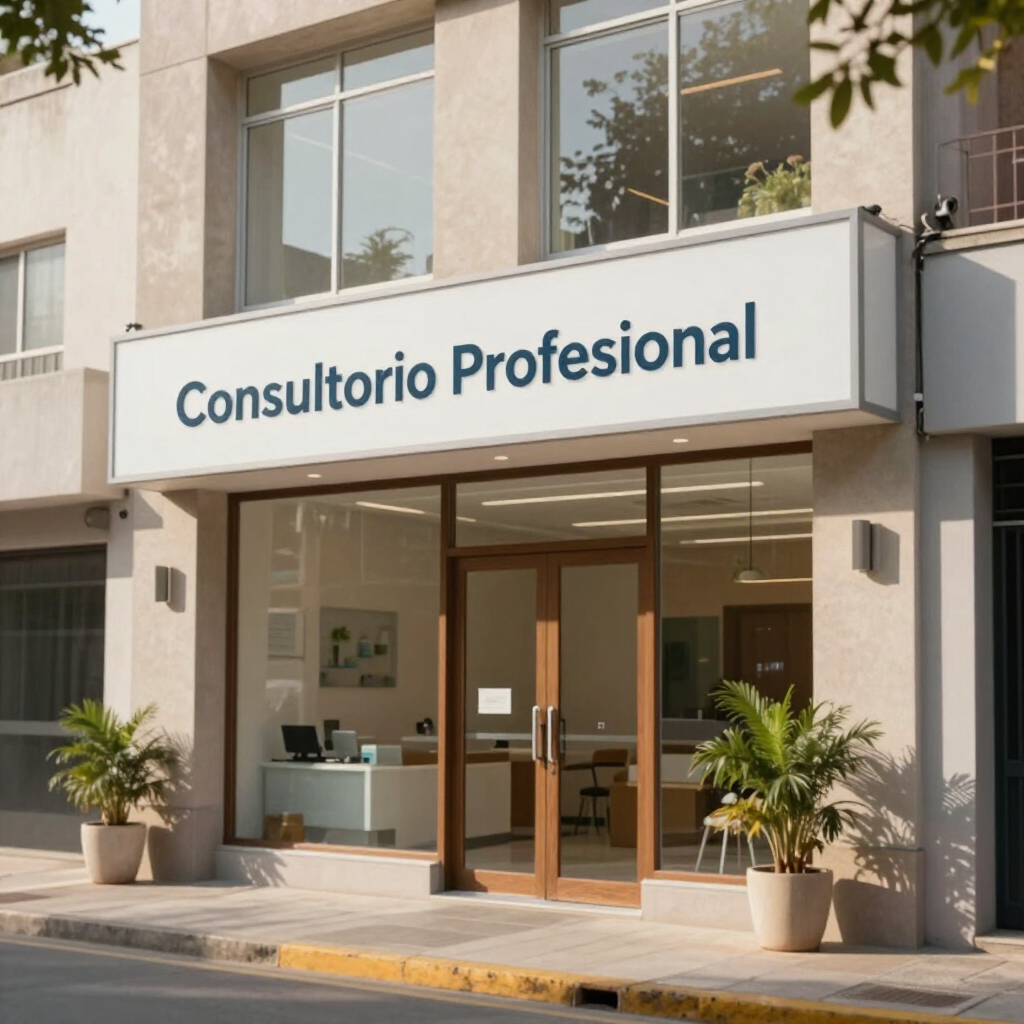 Entrada de la clínica Consultorio Profesional, con puertas de cristal, un letrero blanco y plantas en macetas