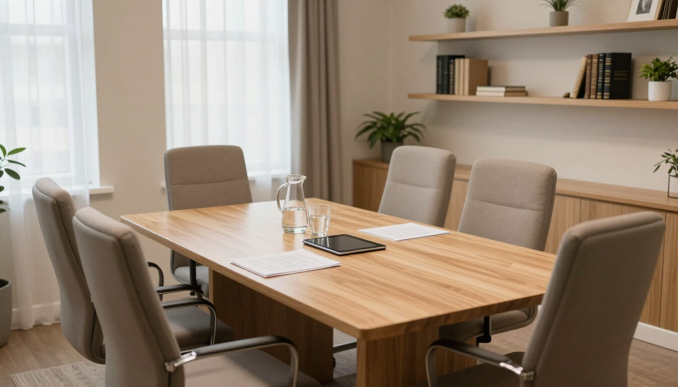 Comedor moderno con una mesa de madera, sillas beige y estantes con plantas en la pared