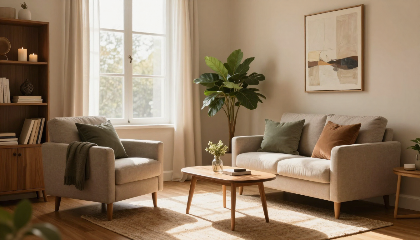 Acogedor salón beige con sofá, sillón, mesa de centro de madera, plantas y una ventana bañada por el sol