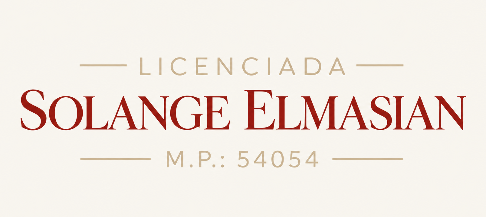 Logotipo autorizado de Solange Elmasian en dorado y burdeos sobre fondo crema, con M.P. 54054 debajo