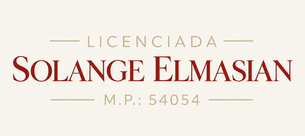 Logotipo autorizado de Solange Elmasian en texto granate con M.P. 54054 sobre un fondo color crema