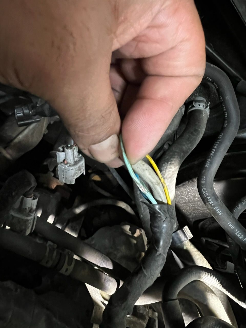 Hand holding a black cable harness with yellow and blue wires in an engine compartment