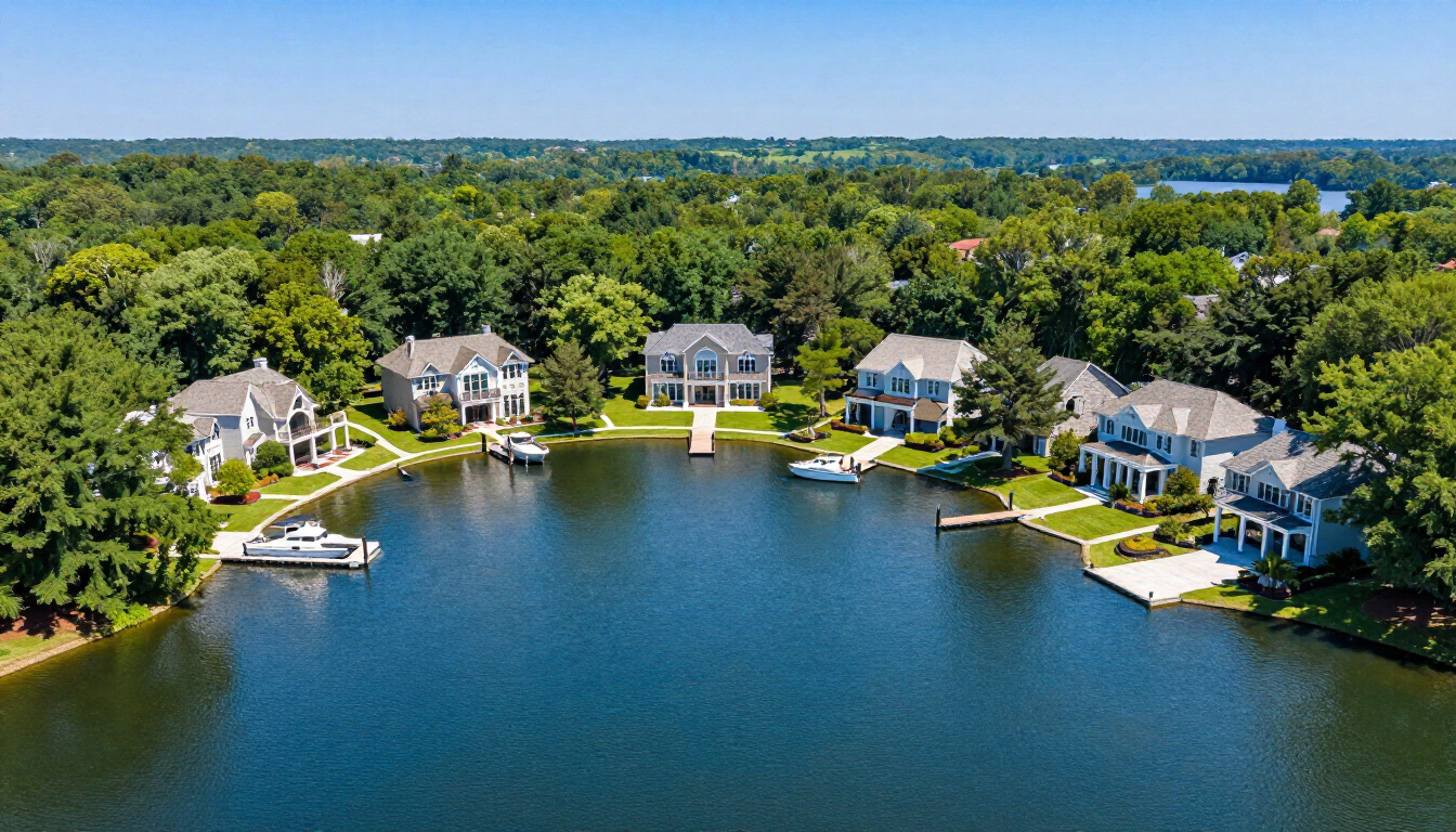 Aerial view of lakeside homes with docks around a calm blue cove, surrounded by lush green trees.