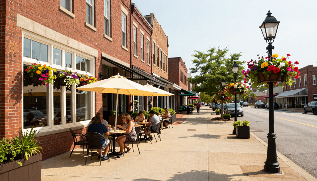 Sunny small-town sidewalk cafe with outdoor tables, red brick shops, flower baskets, and street lamps