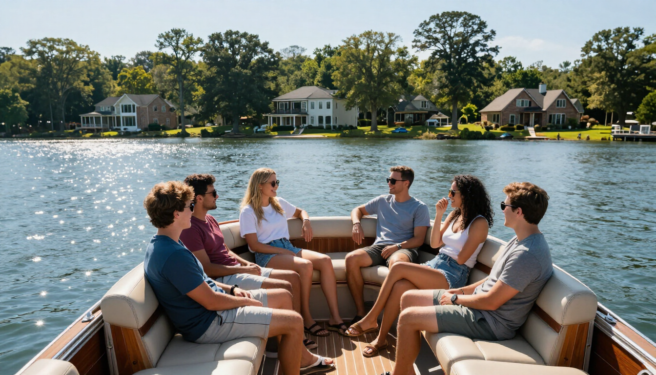 People chatting on a wooden boat on a sunny lake, with lakeside houses in the background.