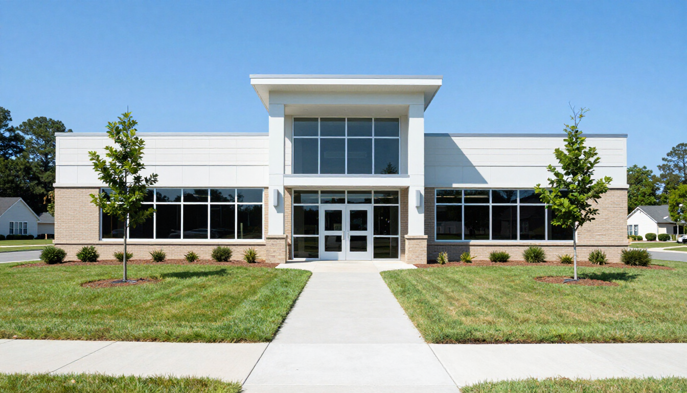 Modern white office building with central glass entrance, windows, and a front walkway under a clear blue sky