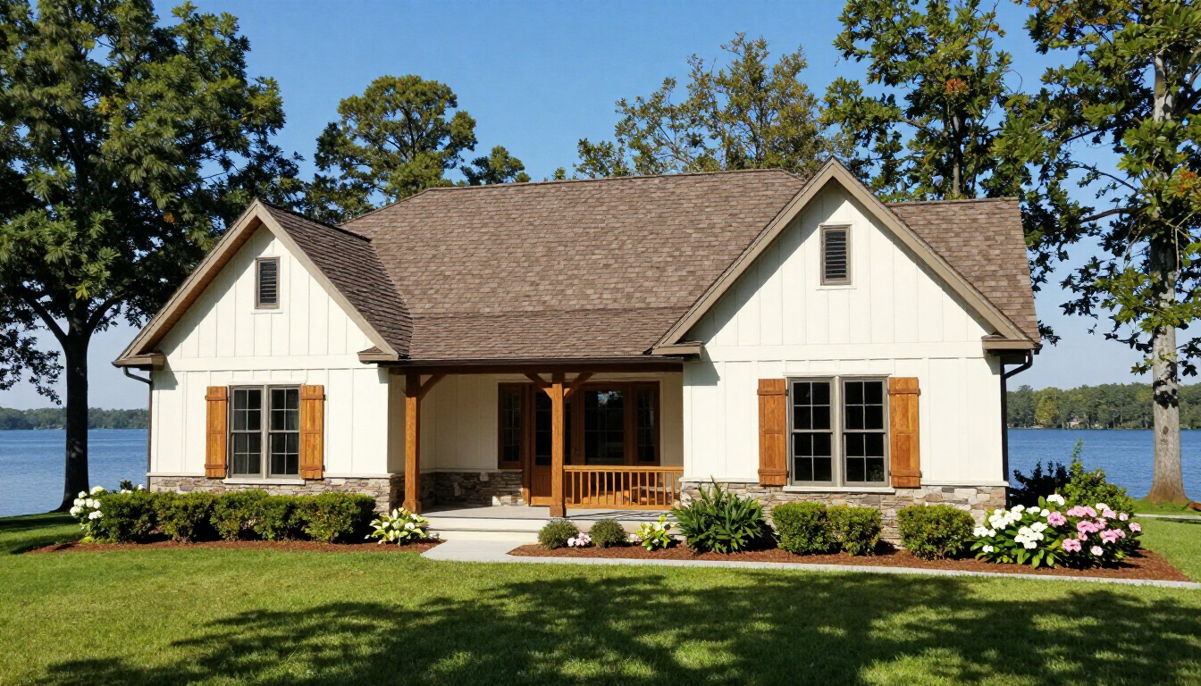 Single-story cream cottage with brown roof beside a lake, with a green lawn and flower beds