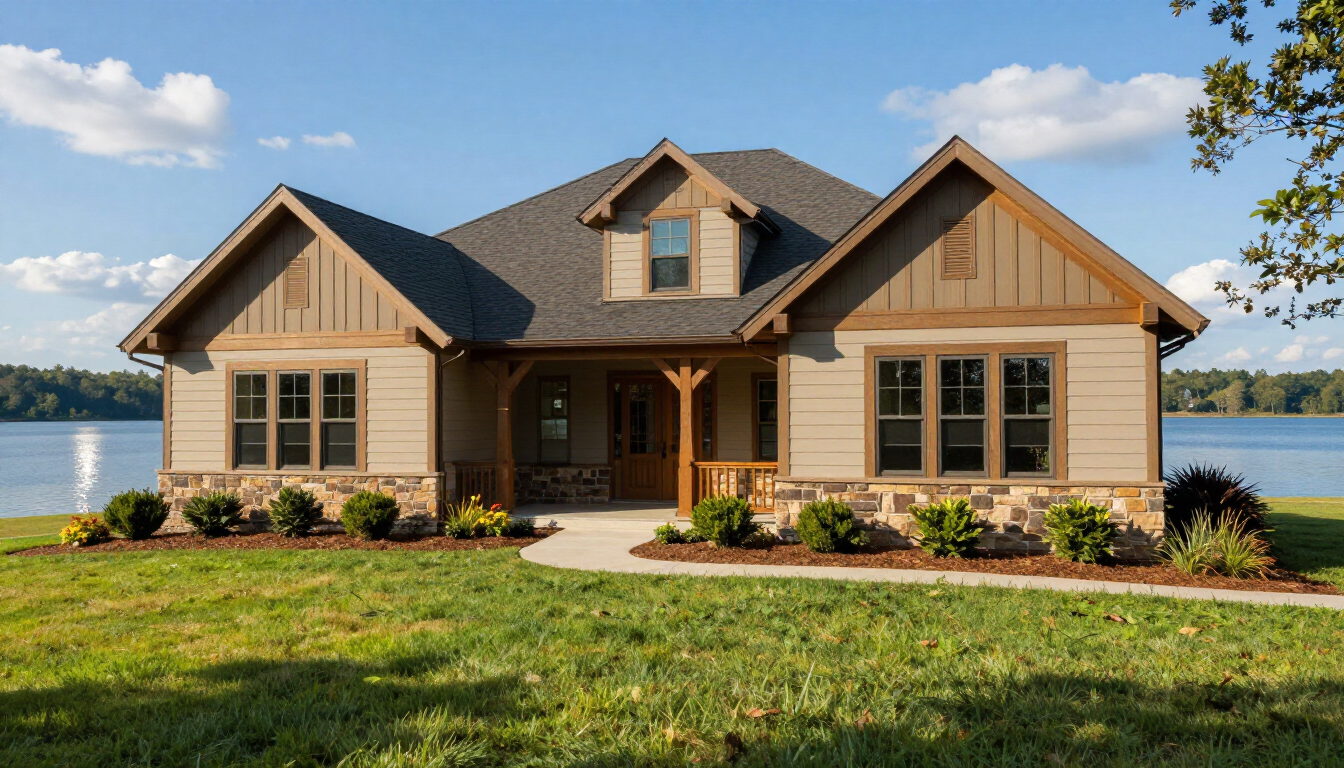 Lakefront craftsman house with beige siding, dark roof, and landscaped front yard at sunset