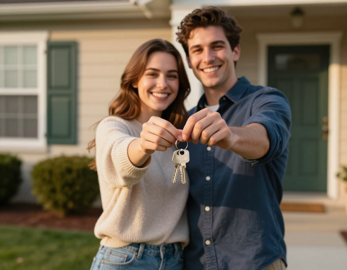 Smiling couple holding house keys in front of a suburban home