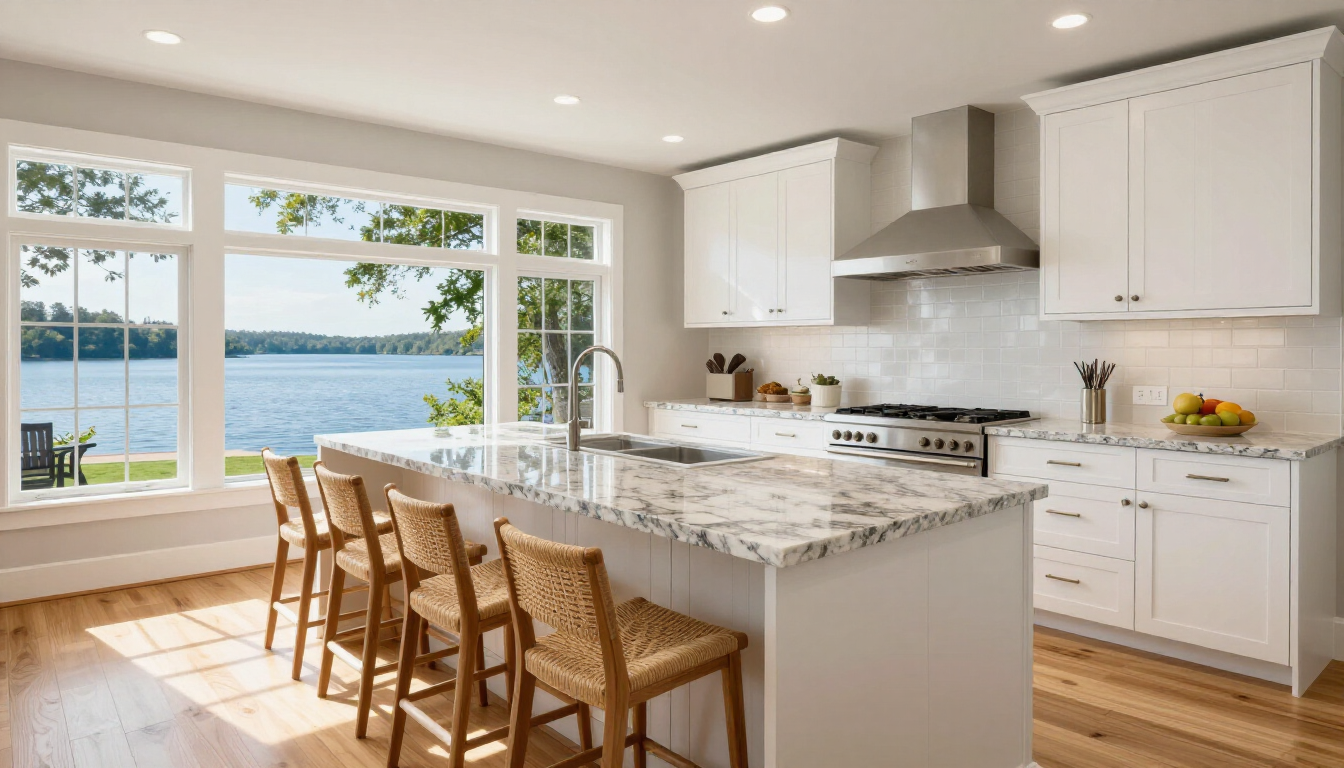 Bright modern kitchen with white cabinets, marble island, wooden stools, and lake view windows
