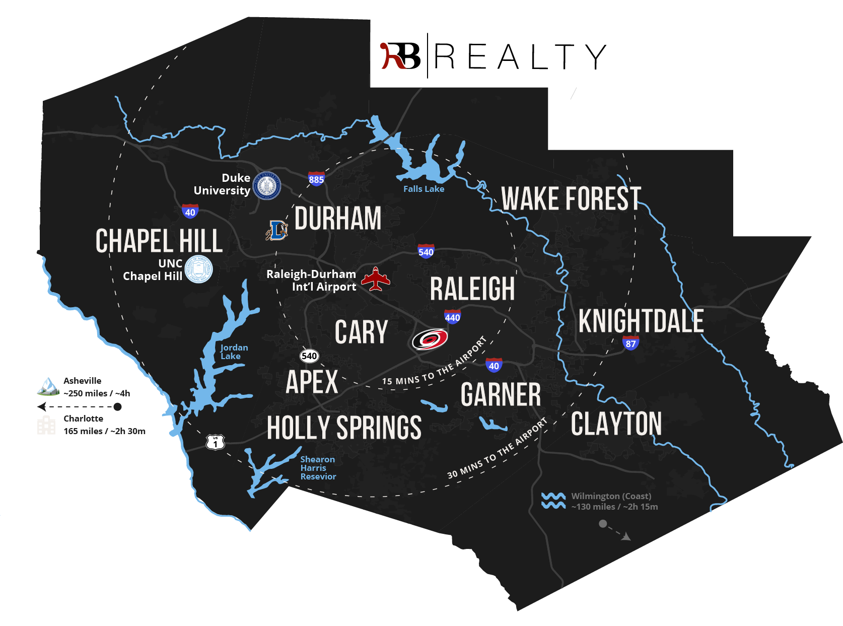 Map of Raleigh, NC metro area with nearby cities and roads marked, in black with white labels and blue waterways