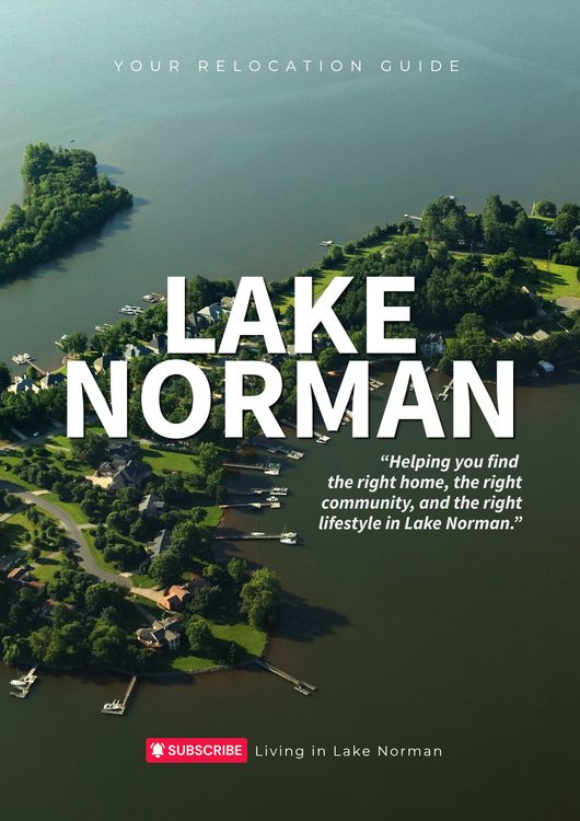 Stephen Pierce Real Estate ad for relocating to and from Lake Norman, NC, with a modern living room backdrop.