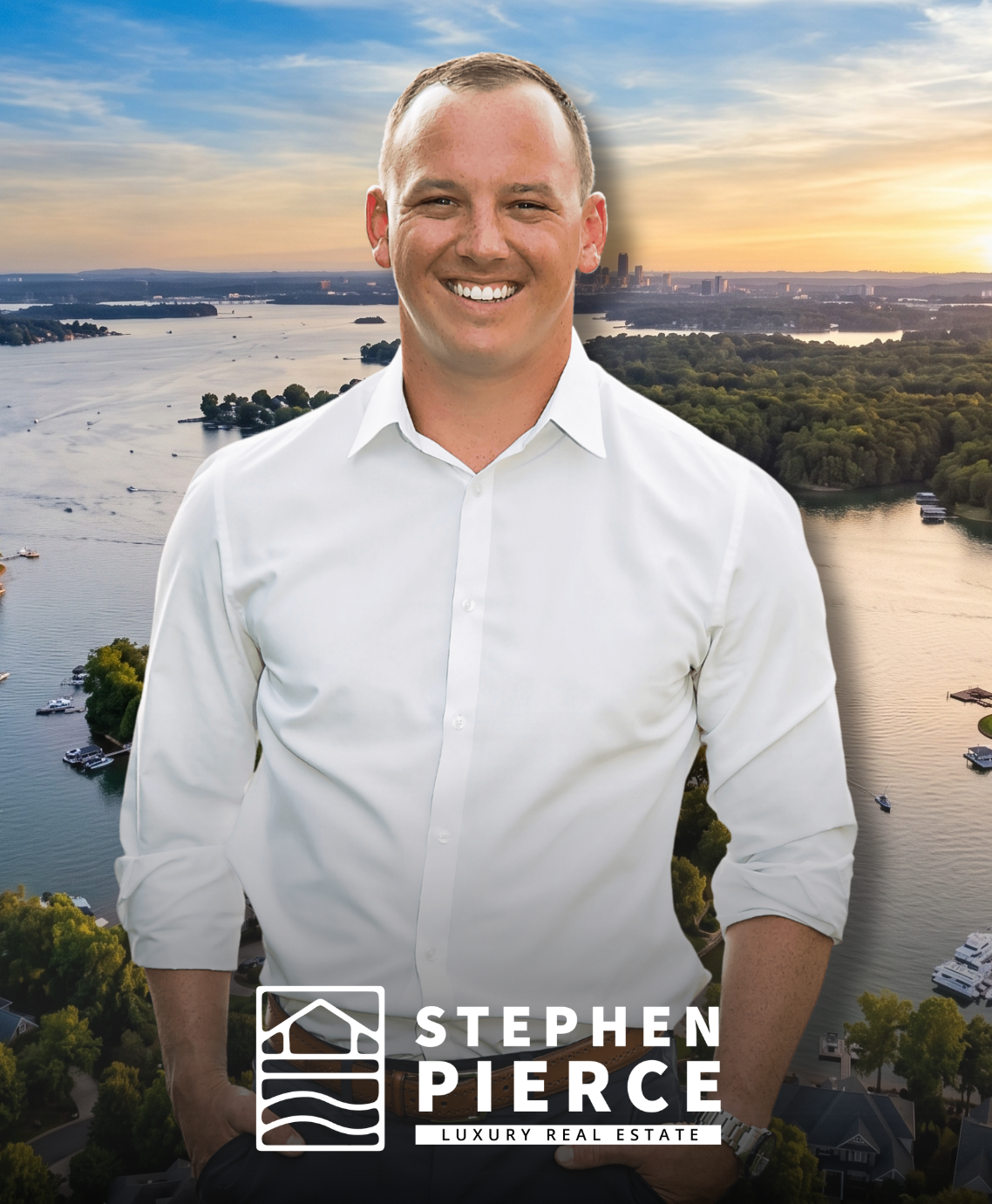Megan Beekman | Red Bench Realty Smiling man in a white shirt with “Stephen Pierce Real Estate” logo, standing by a waterfront at sunset
