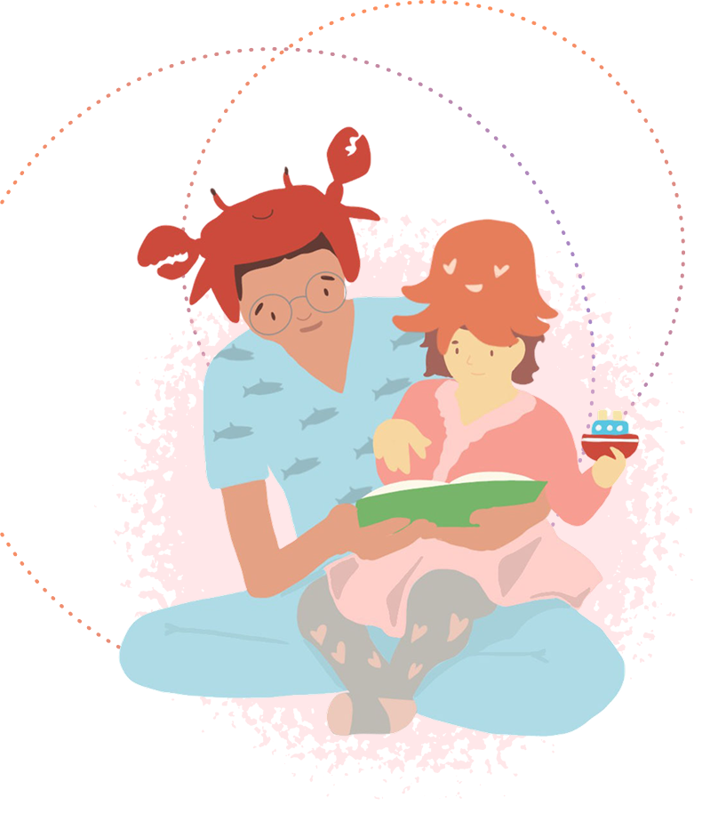 Two people sit together reading a book, with a cup of tea and soft pastel colors.