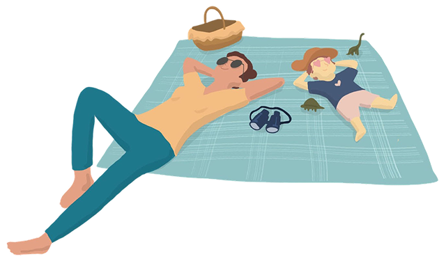 Two people relaxing on a blue beach blanket with a basket and sunglasses nearby