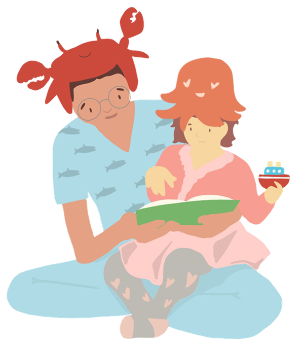 Parent reading to child while holding a book and a small cake, in soft pastel colors.