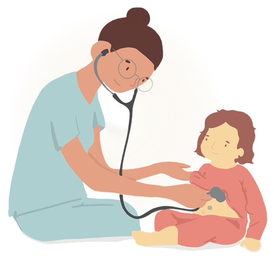 Doctor using a stethoscope to examine a child sitting on the floor
