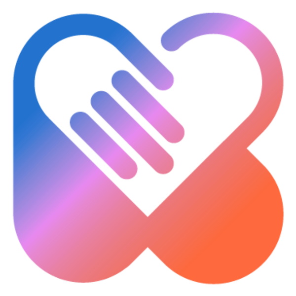 Gradient heart logo with interlocking hands in blue, pink, and orange on a white background