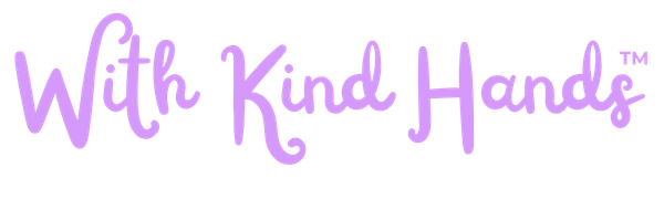 Purple “With Kind Hands” script logo on a white background