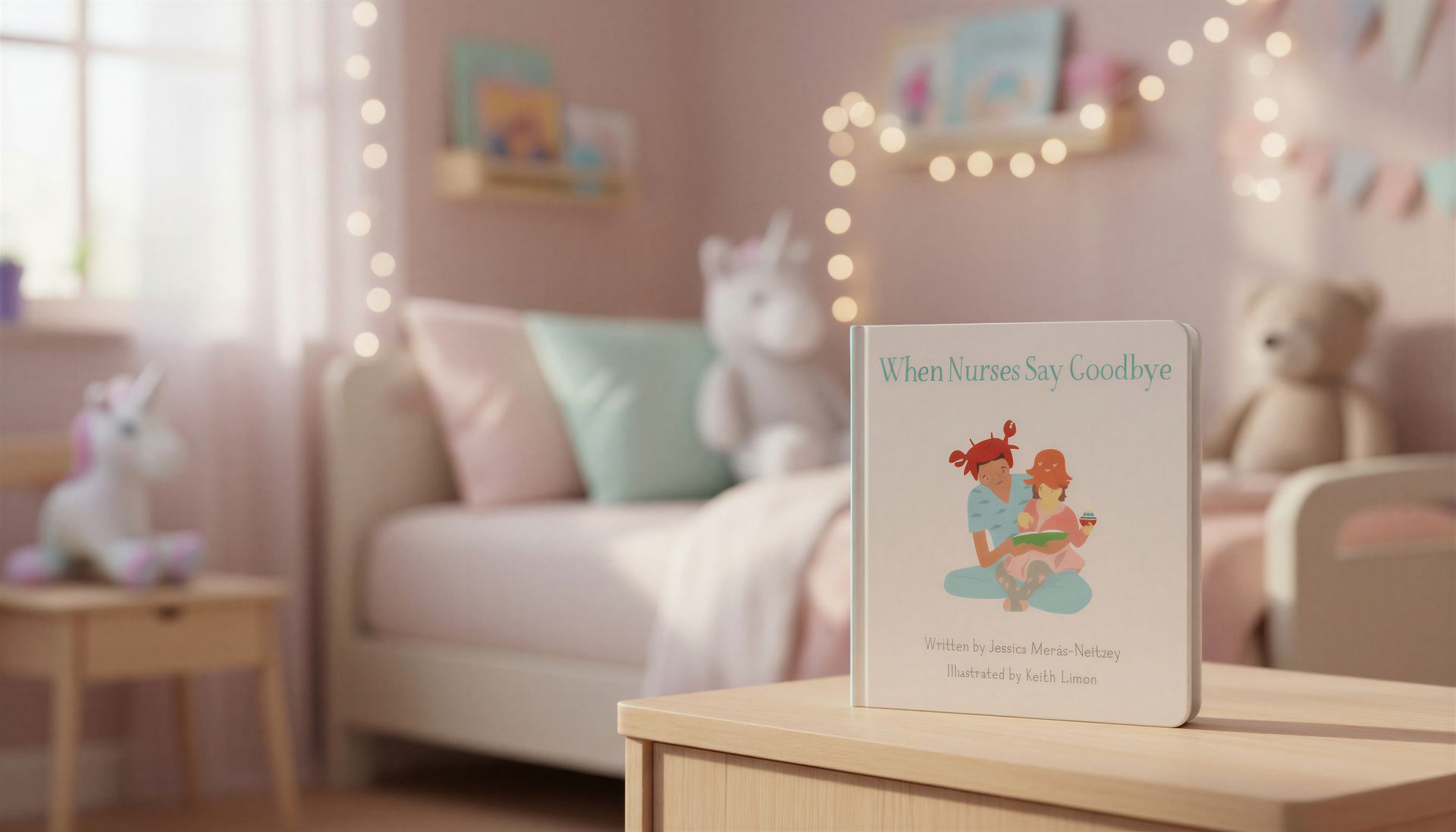 Children’s book on a table in a soft pink, cozy bedroom with a bed and string lights in the background