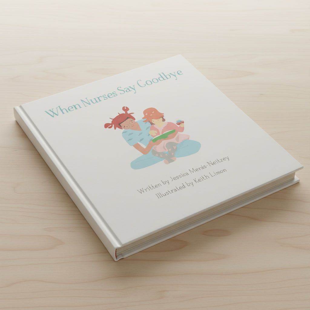 Children’s book titled “When Nursery Says Goodbye” on a light wooden table, with two illustrated kids on the cover