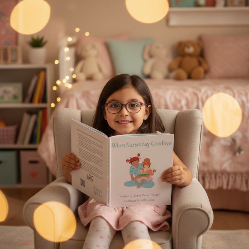 Smiling child in a pink bedroom reading a book in an armchair with warm fairy lights.