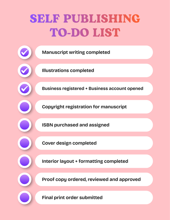 Pink self-publishing to-do list checklist with nine completed steps and purple check icons
