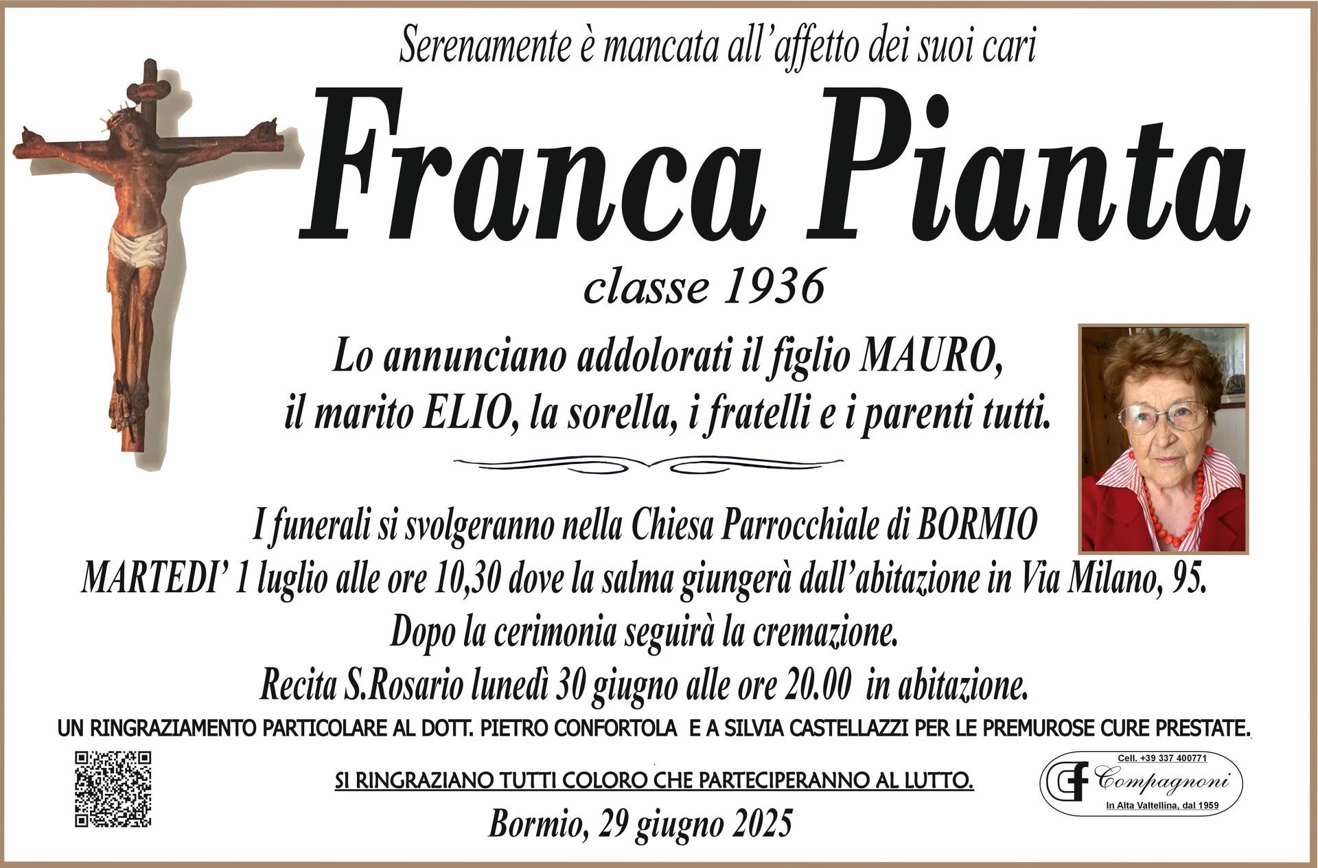 Invito al funerale di maria antonioli classe 1934