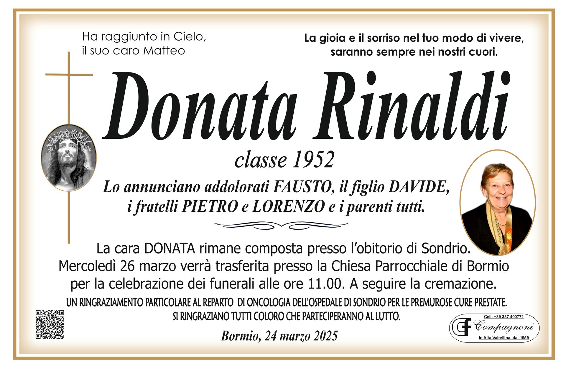 Un biglietto funebre per annamaria sacchi con la foto di una donna in un letto d'ospedale.