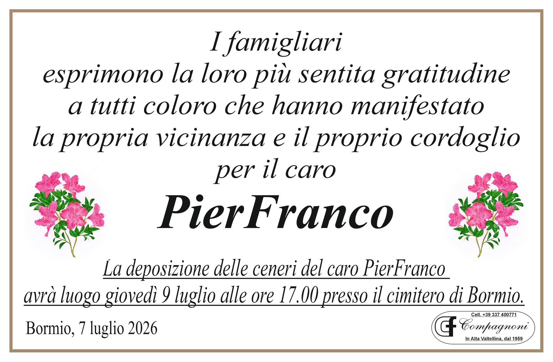 Un biglietto funebre per pietro antonioli con la foto di un uomo