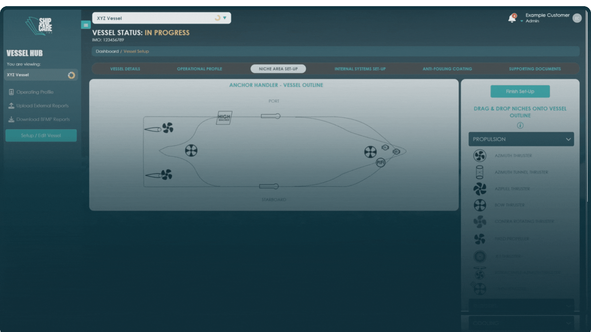 A control panel interface with a network diagram, and settings in a sidebar.