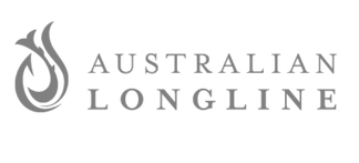 Logo of Australian Longline: a stylized fishhook design to the left, and text to the right in gray.
