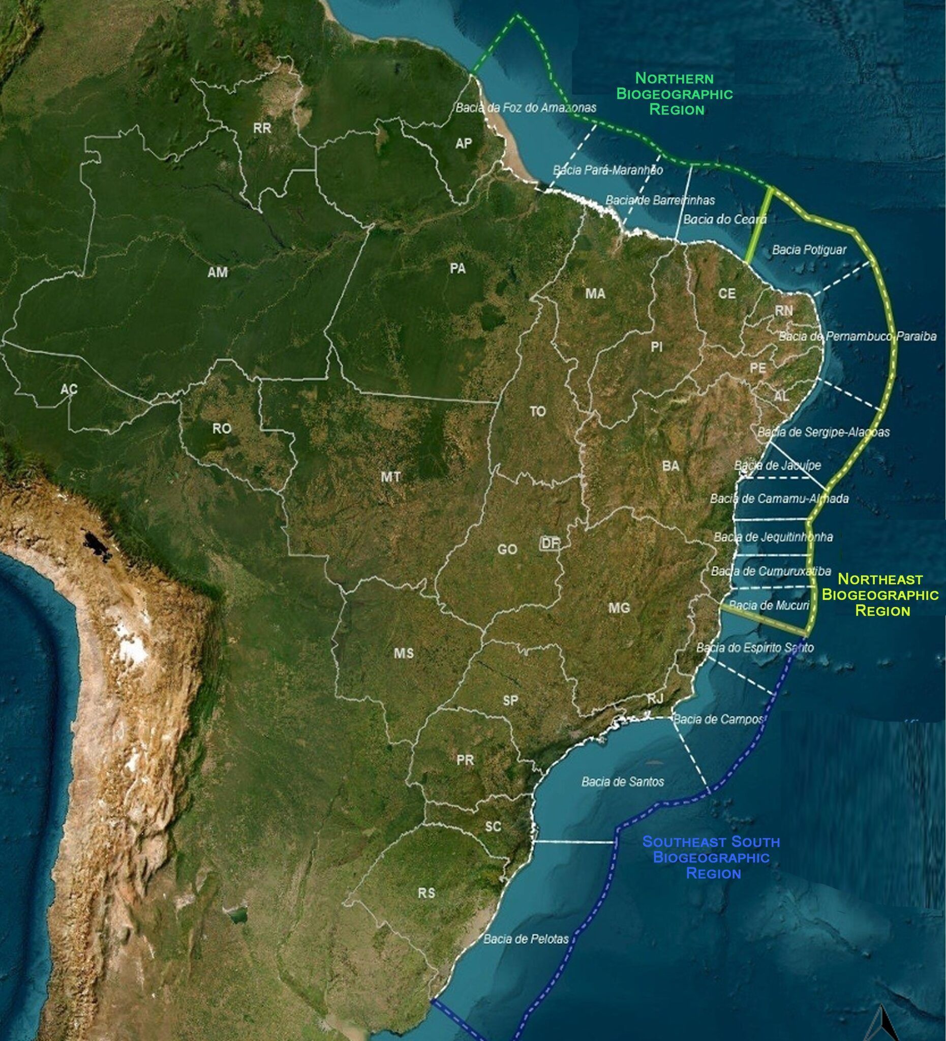 Map of Brazil with coastal regions highlighted in green and blue.